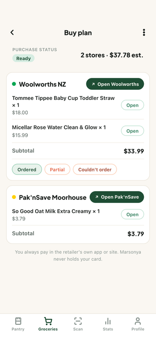 Marsonya buy plan splitting one shopping list between Pak'nSave and New World with per-store totals