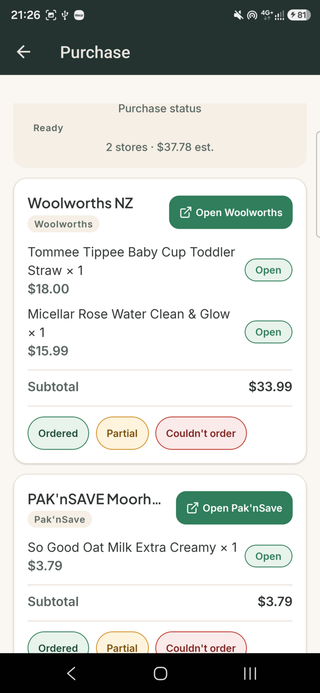 Buy Plan screen splitting a shopping list between two stores with a total for each