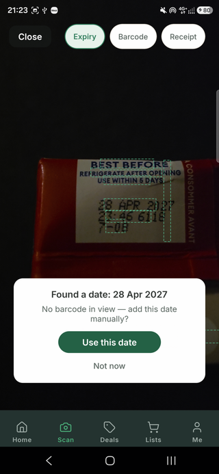 Expiry scanner reading a printed best-before date on a food label, with the recognised date ready to add