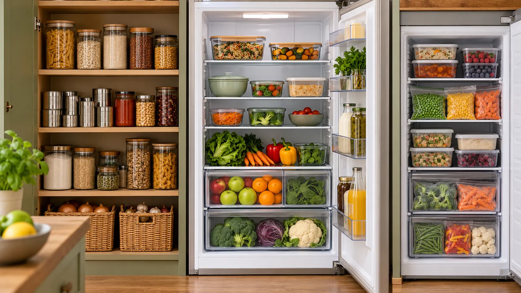Illustration of sealed dry foods in a pantry, covered food in a fridge and frozen food in a freezer.