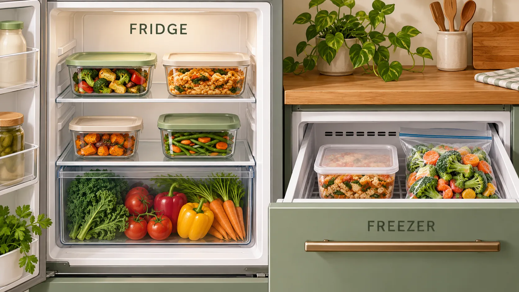 Lidded leftover containers stored in a fridge and freezer.