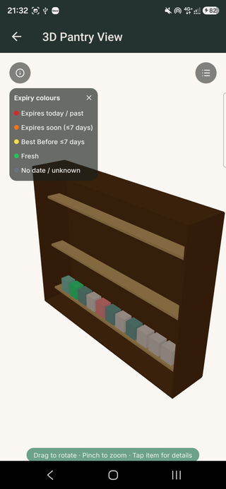 3D pantry view with shelf items colour-coded by days to expiry and the colour legend open