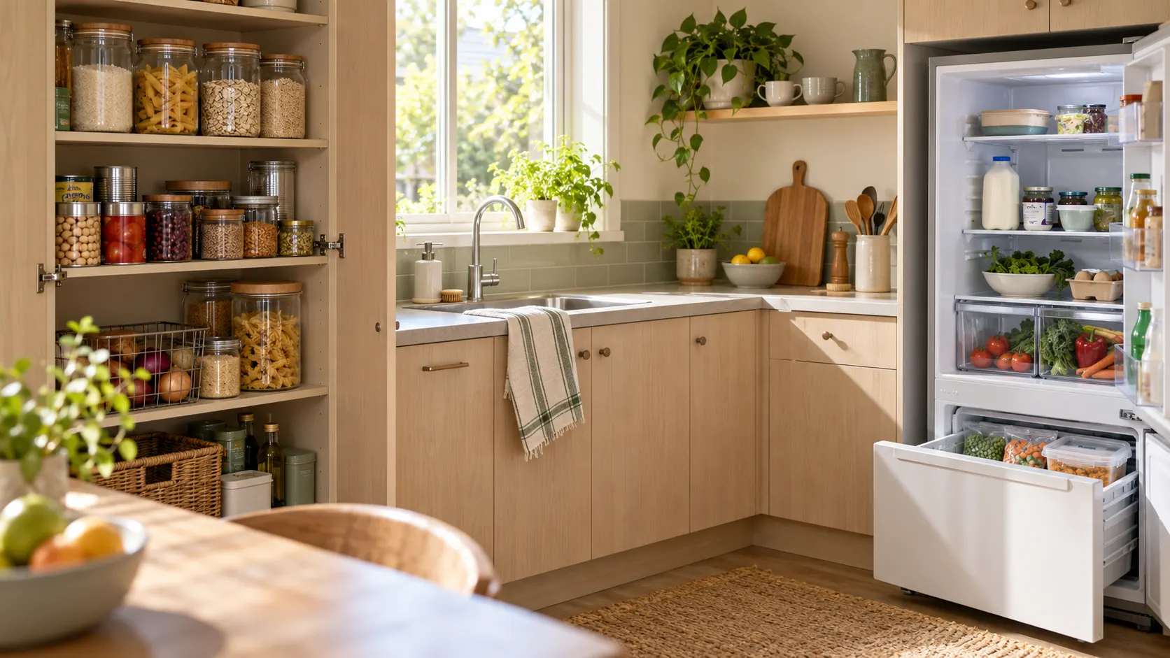 Illustration of food stored in a home pantry, fridge and freezer.