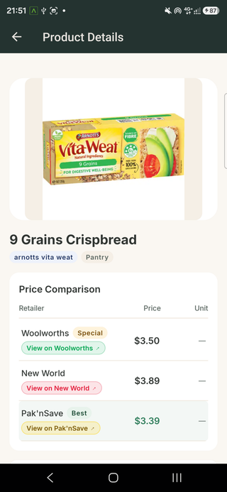 Product page comparing one grocery item priced at Woolworths, Pak'nSave and New World stores