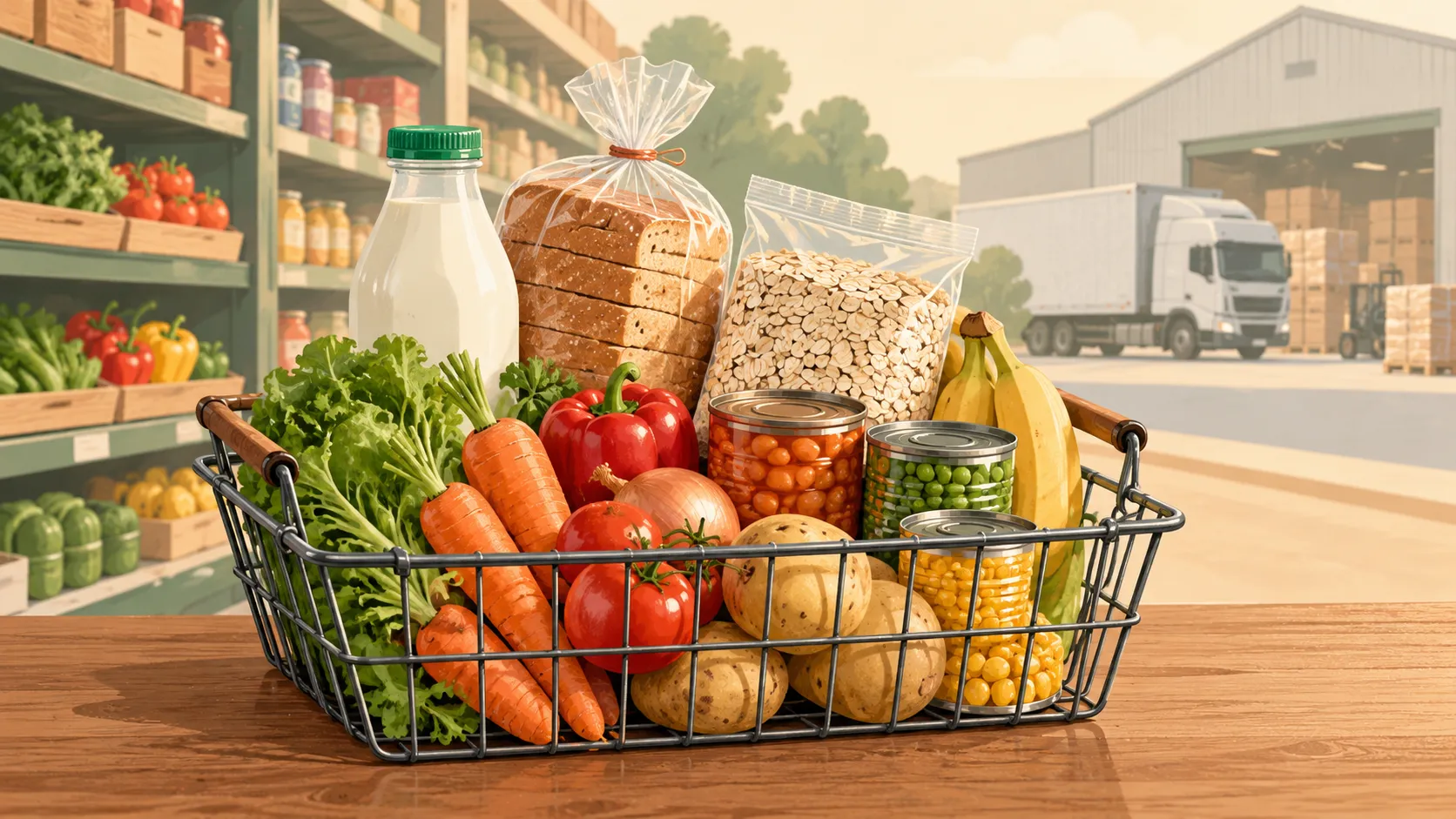 Groceries with supermarket shelves and a supply warehouse in the background.
