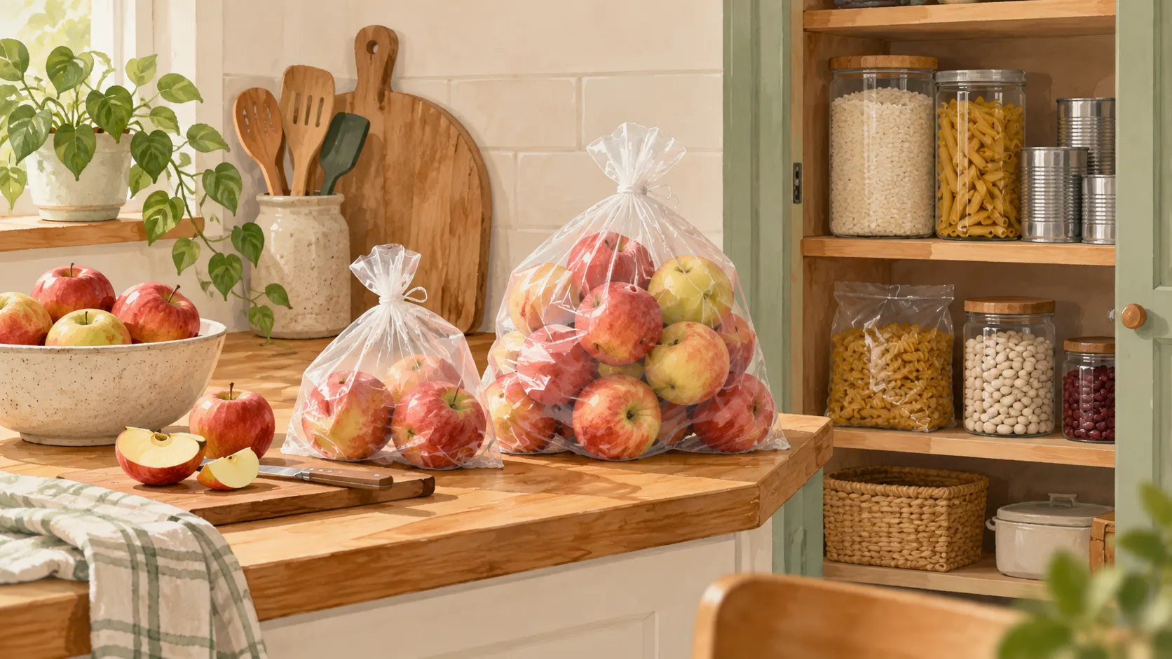 Illustration of small and large bags of apples beside a fruit bowl and an open cupboard of pantry staples.