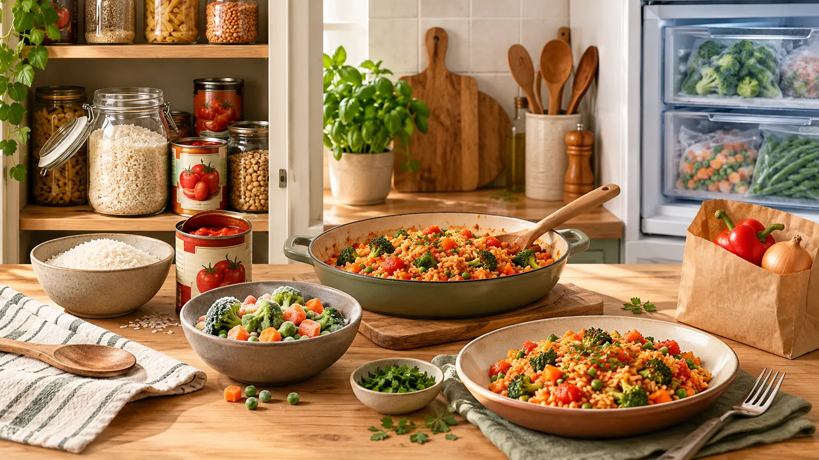 A meal prepared from pantry and freezer food with a small bag of additional groceries.