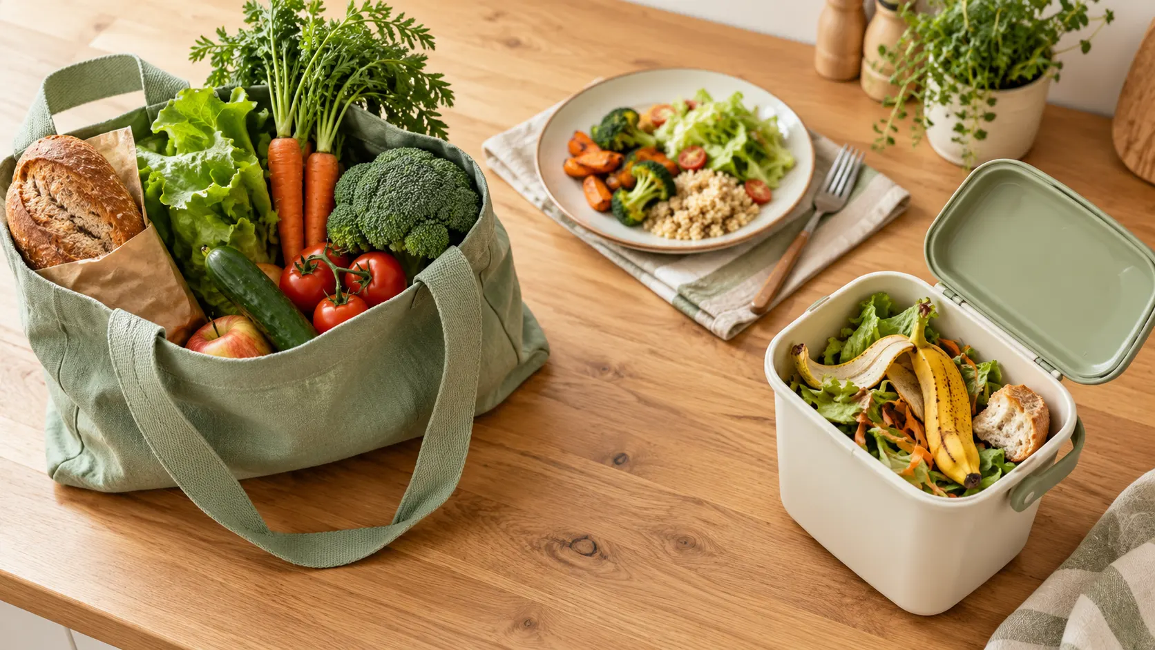 Illustration of groceries, a prepared meal and a small kitchen caddy containing food scraps.