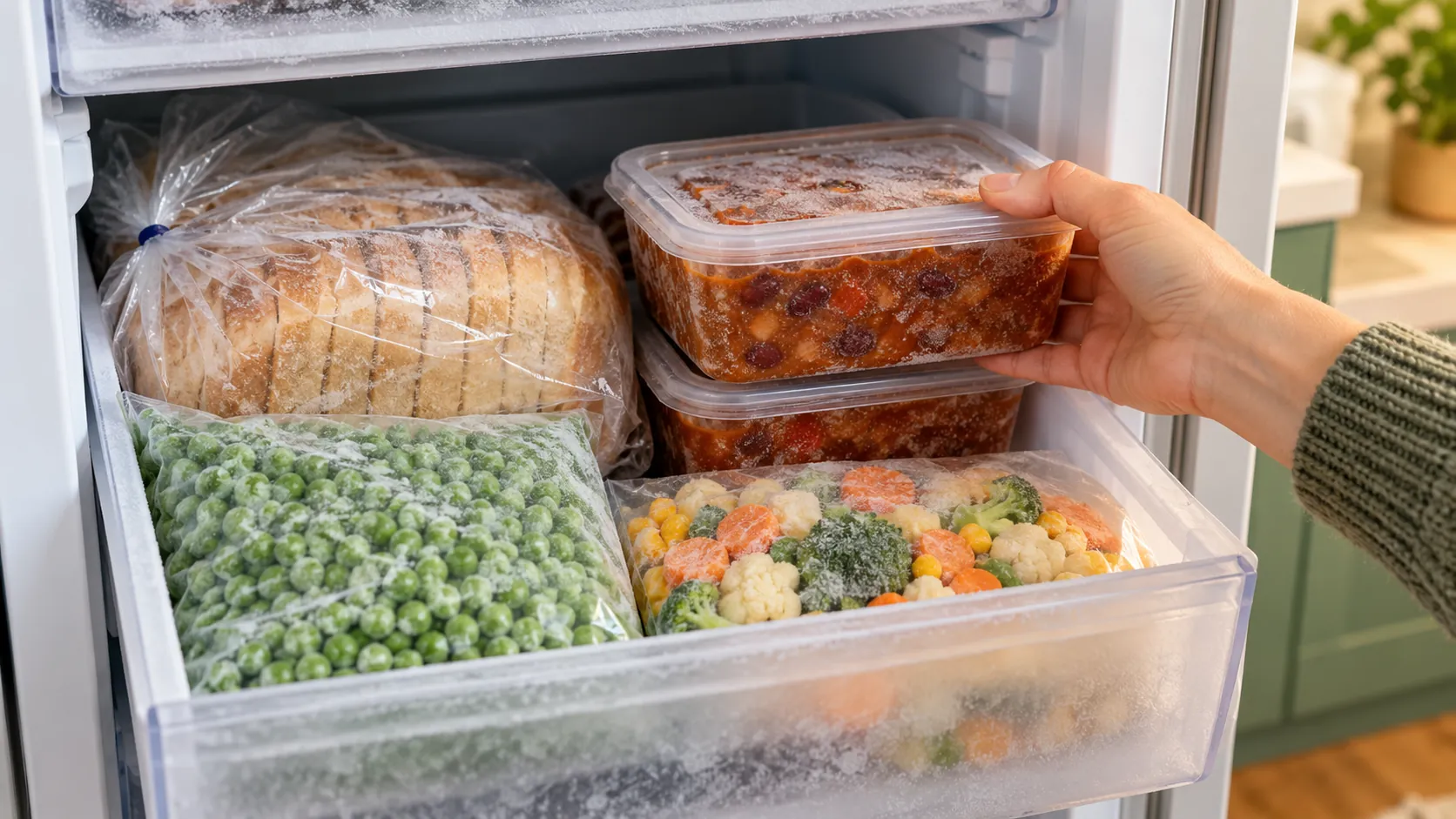 Illustration of a hand lifting a sealed meal container from a freezer drawer beside bread and frozen vegetables.