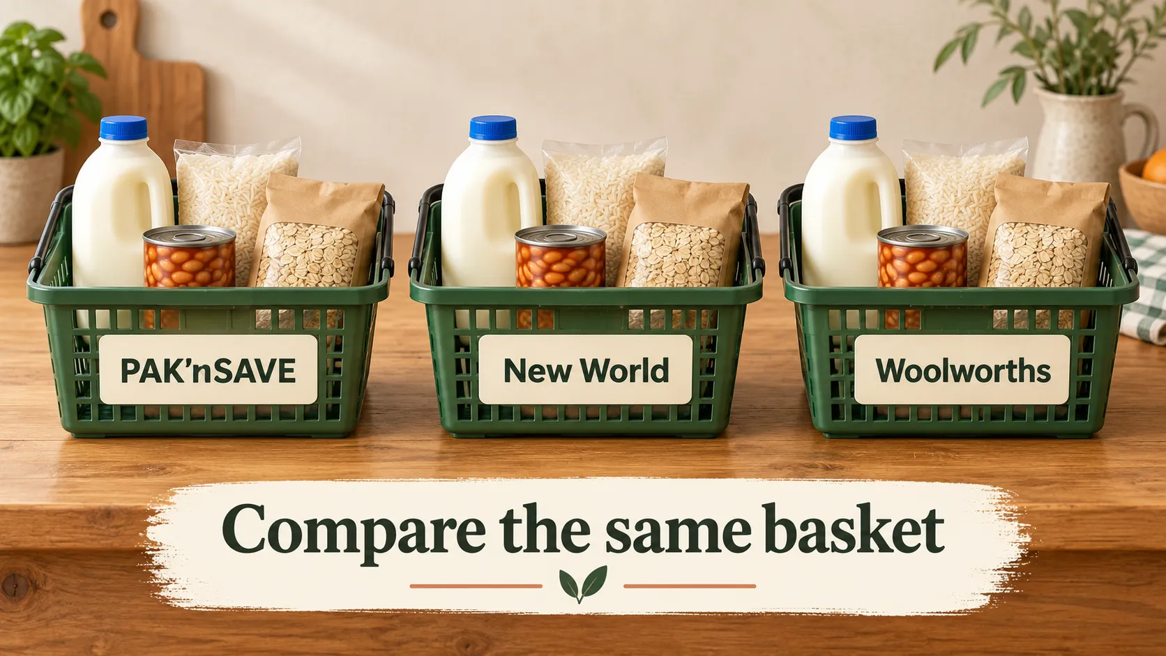 Matching grocery baskets labelled PAK’nSAVE, New World and Woolworths.