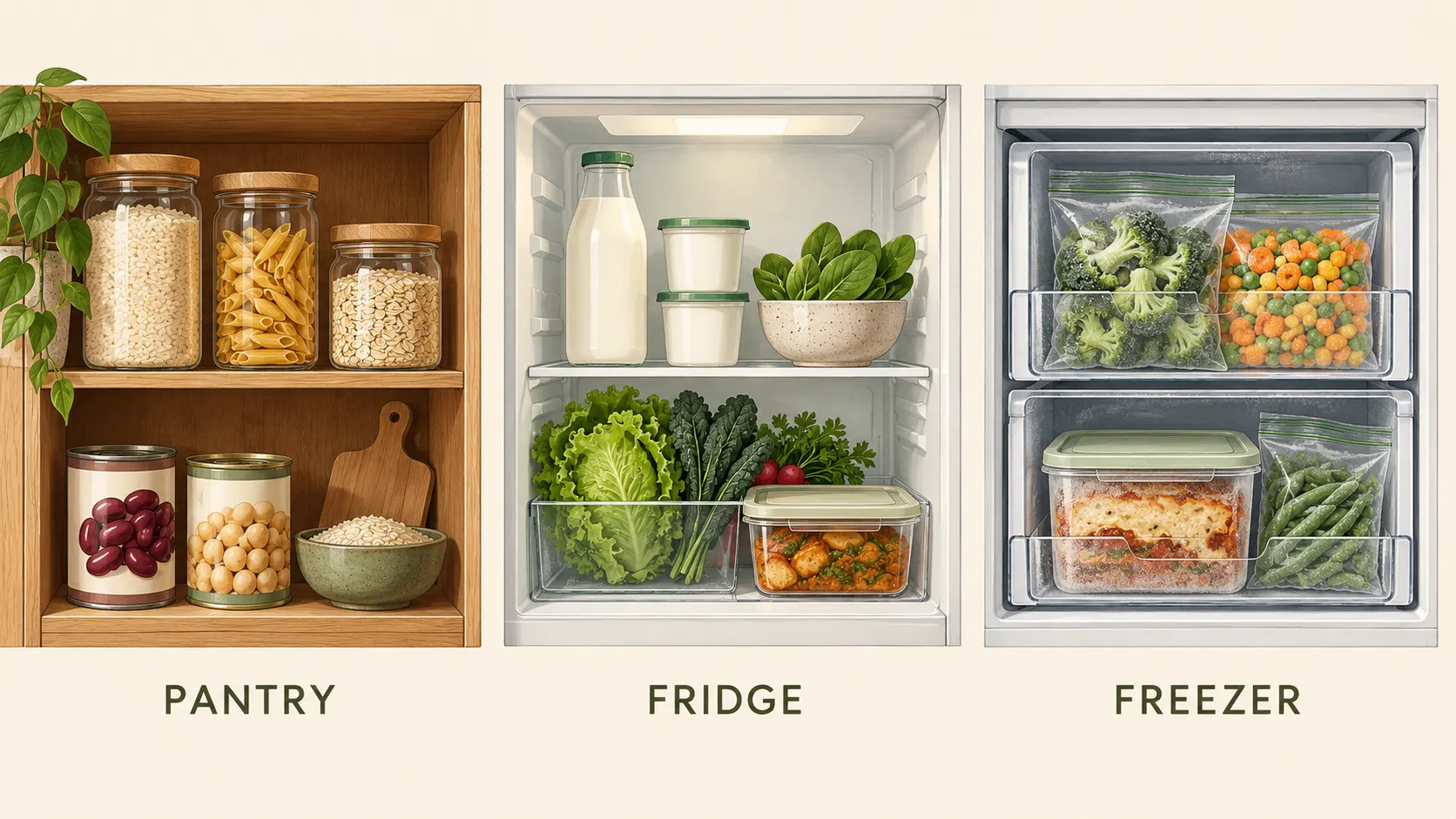 Pantry staples, refrigerated food and frozen meals in three storage areas.