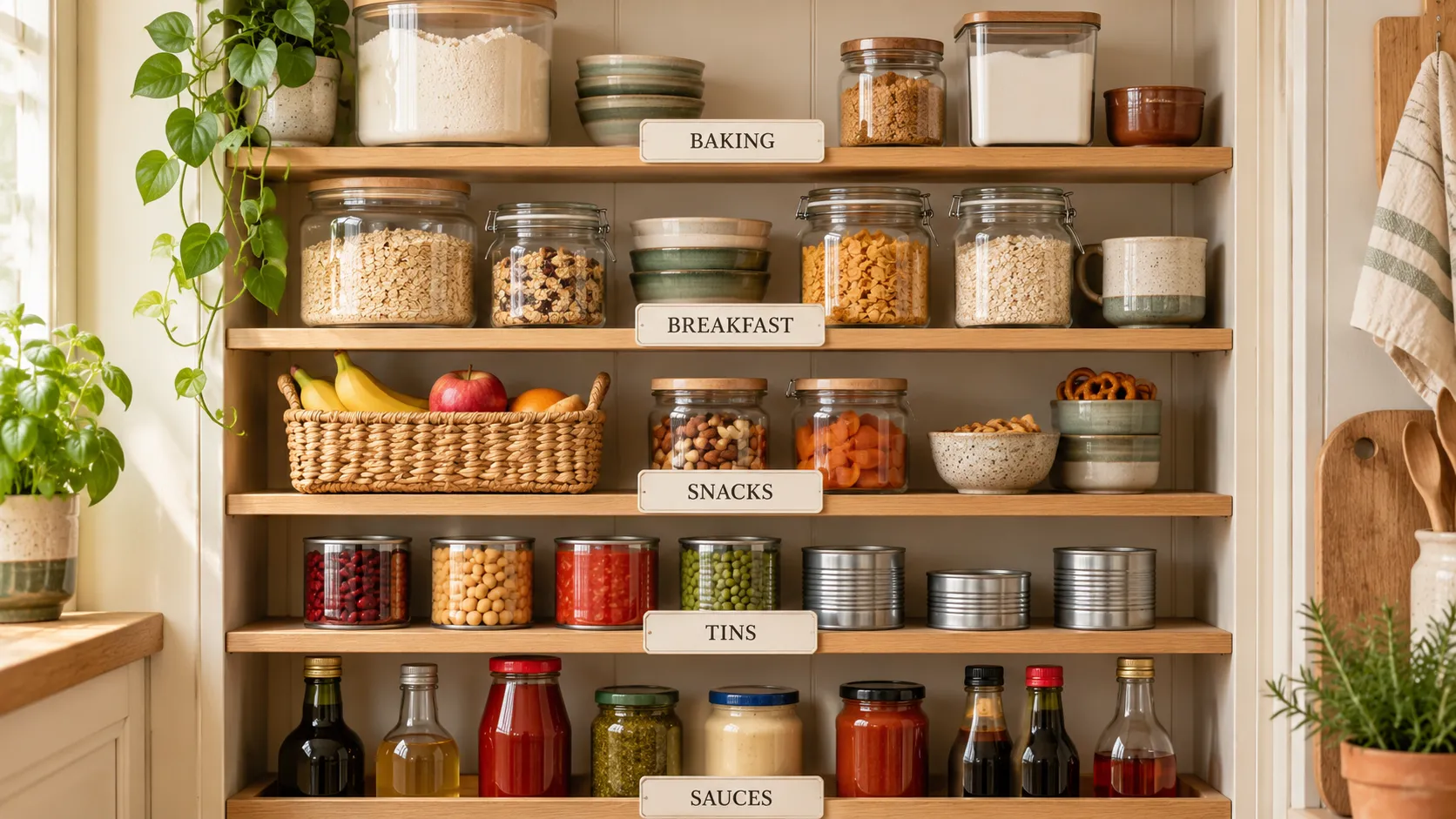 Pantry shelves grouped into baking, breakfast, snacks, tins and sauces.