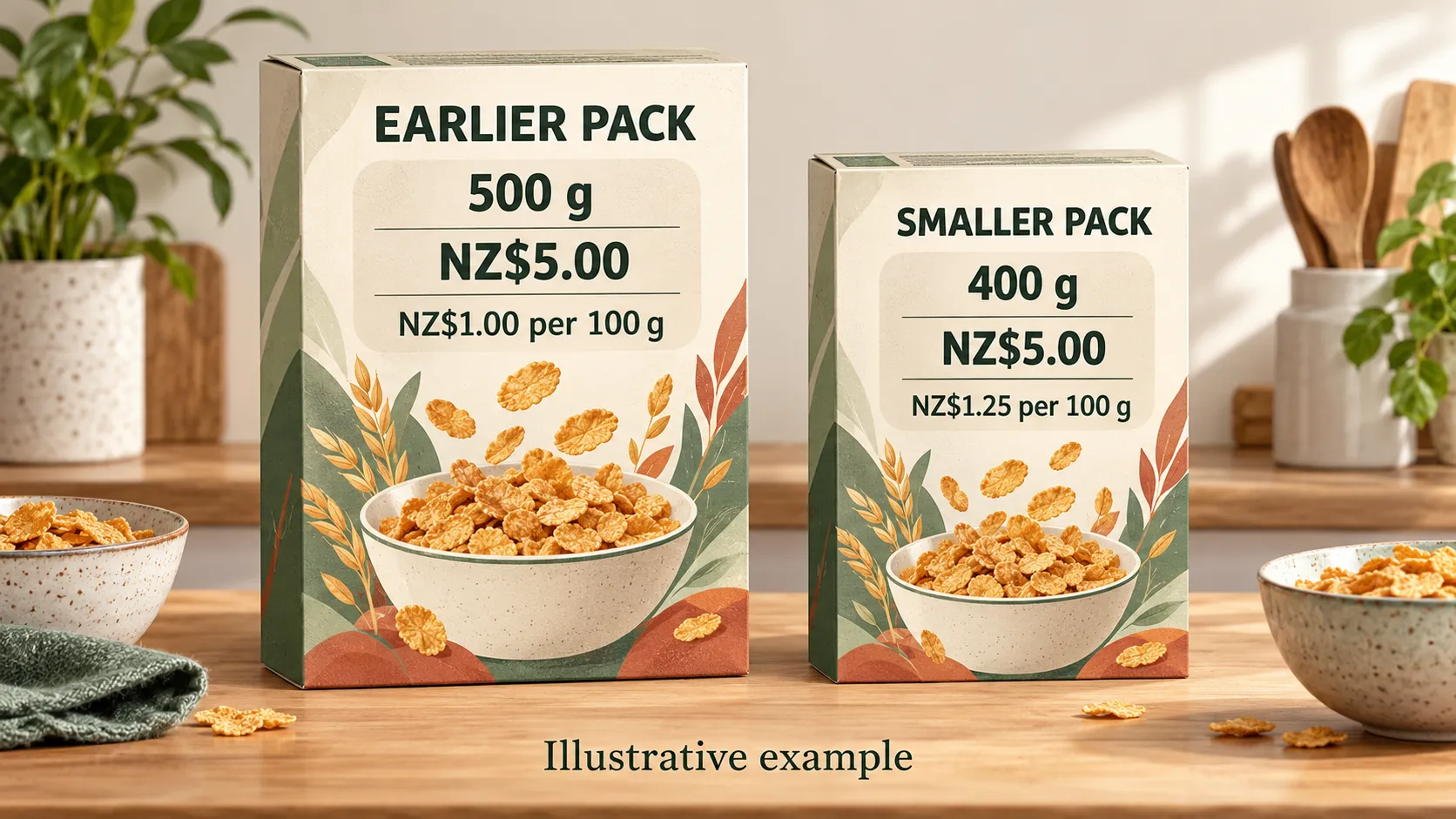 Illustrative cereal packs: 500 g and 400 g at the same price, with different costs per 100 g.