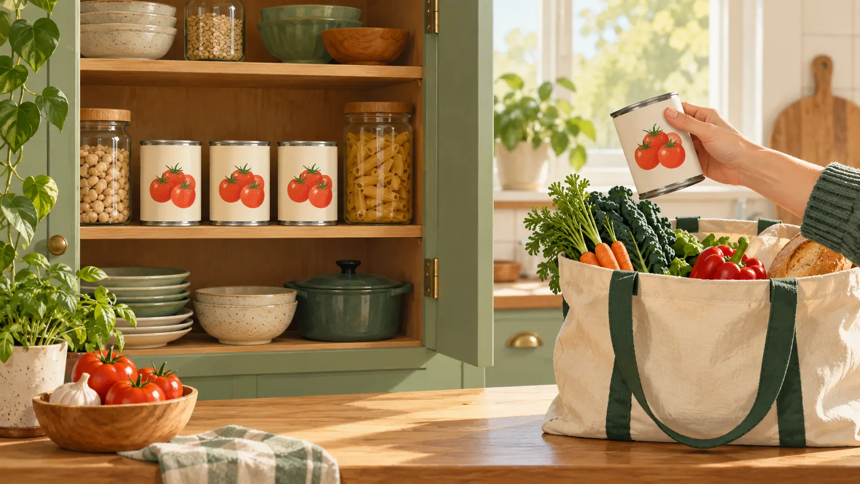 Illustration of three tomato tins in an open pantry and a hand holding another above a grocery bag.