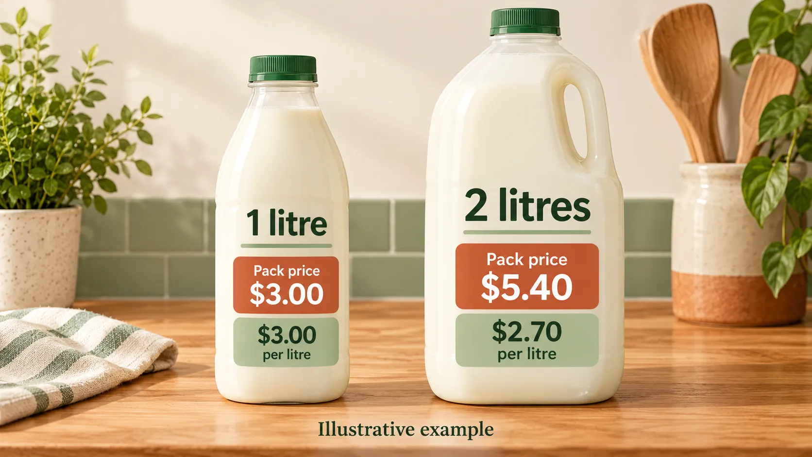 Illustrative milk bottles showing pack prices and prices per litre for two sizes.